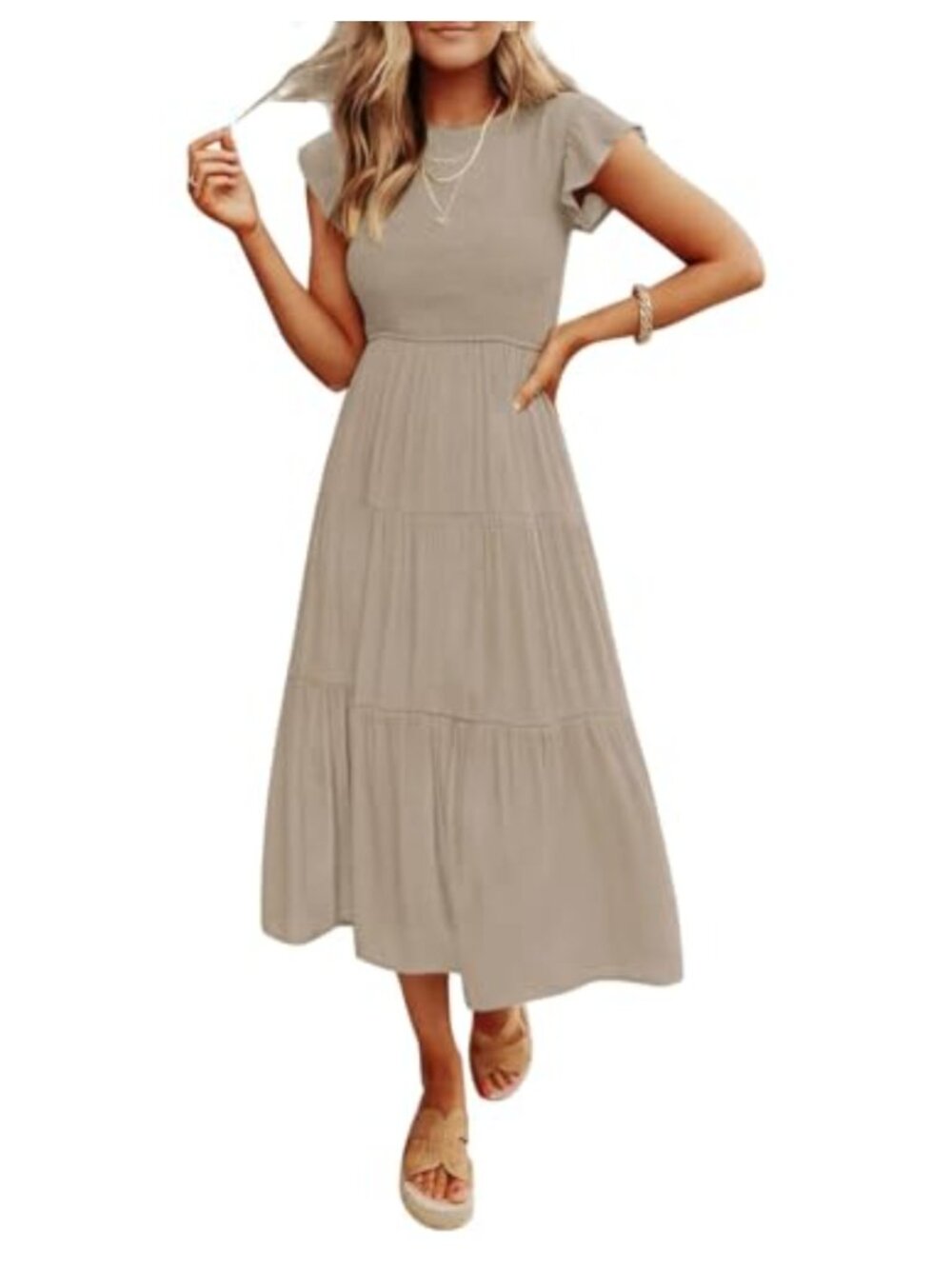 Women's Smocked Midi Dress with Ruffle Sleeves - Casual Flowy